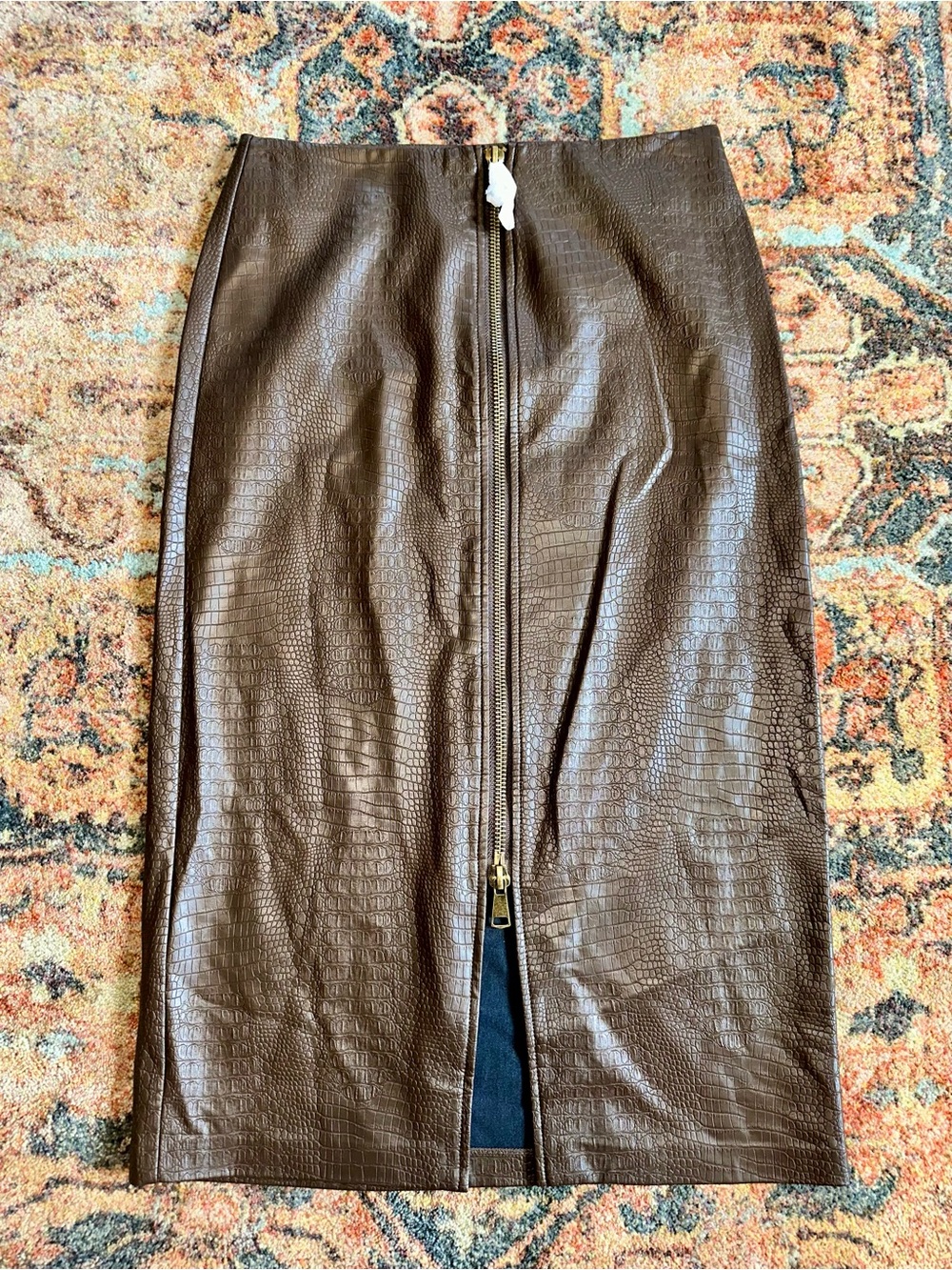 Brown Faux Croc Leather Pencil Skirt with Front Zip